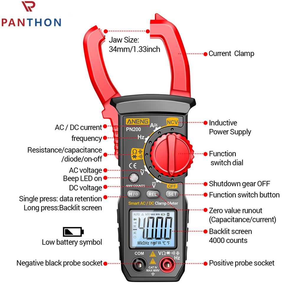 【💕Ready Stock🎉】PANTHON PN200 Digital Clamp Meter Multimeter AC Current and AC/DC 4000 counts Voltage Tester with Amp Volt Ohm Resistance Test Auto-Ranging