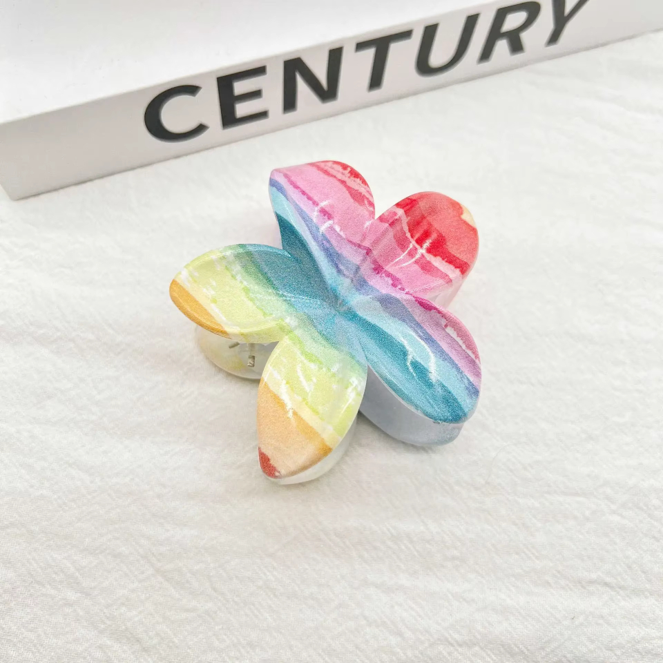 New Candy Colourful Gradient Striped Plumeria Hair Grab Dopamine Sweet Girl Back Of Head Shark Clip Hairpin Korean Fashion Gradual Change Smudged Coloured Flower Grab Girl Hair Clip Creative Marble Acrylic Headwear Girl Large Eggs Flower Headdress.