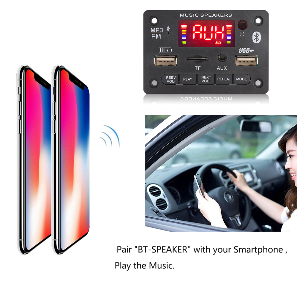 Aitemay 7V-24V Bluetooth 5.0 MP3 Decoder Board MP3 Player USB Module AUX FM Radio Recording with 2x40W Amplifier