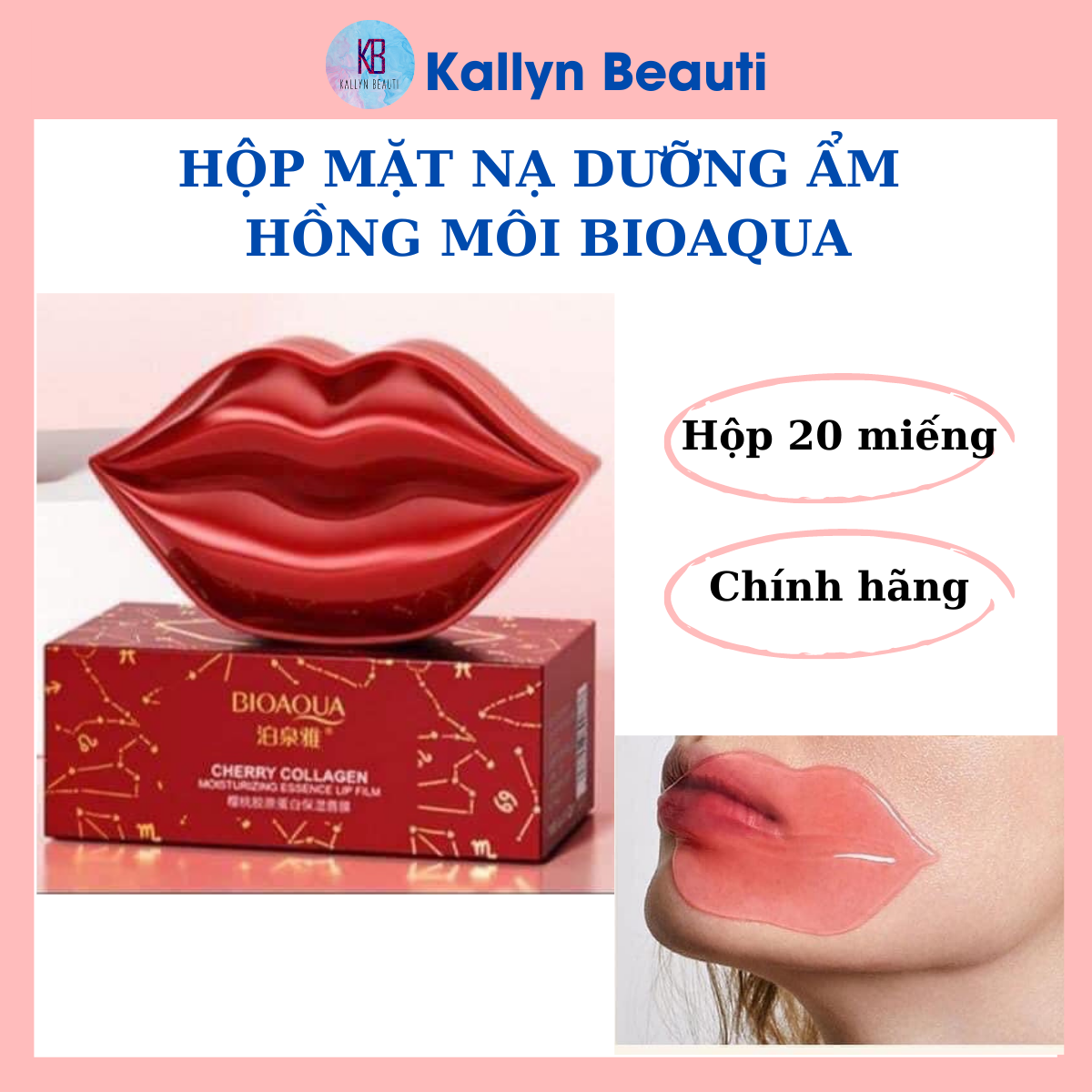 Hộp 20 Miếng Mặt Nạ Môi Hoa Hồng Dưỡng Ẩm Bioaqua Giảm Thâm Mềm Môi Căng Mọng Rose Moisturizing Lip Mask.