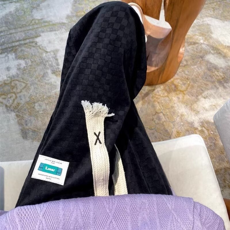 Men's Drapey Stretch Wide Leg Pants Plaid fabric straight floor mopping casual pants