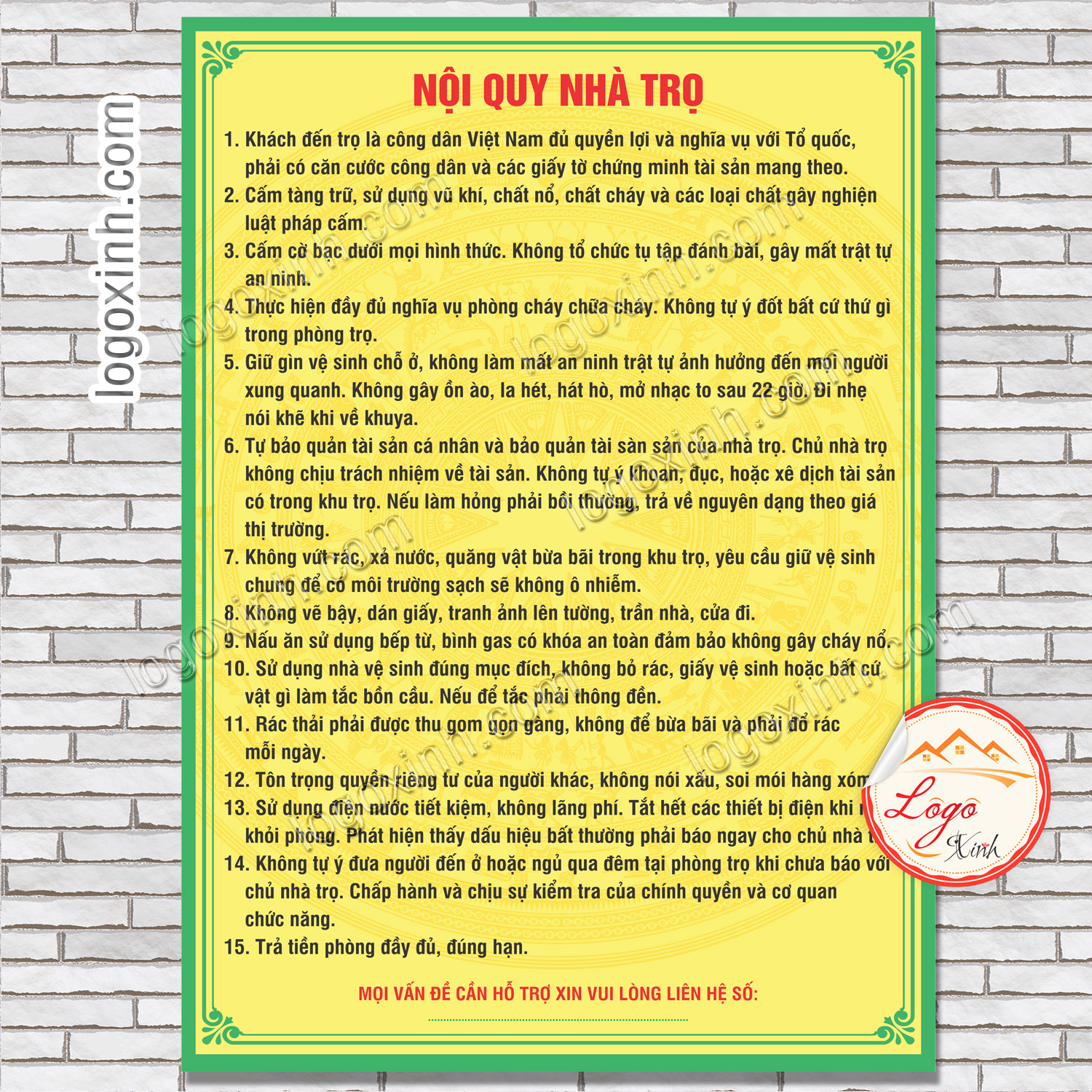 Tem decal nội quy phòng trọ, nội quy phòng cho thuê, quy tắc phòng thuê trọ dùng cho chung cư, cc mini nhà thuê,dãy trọ…