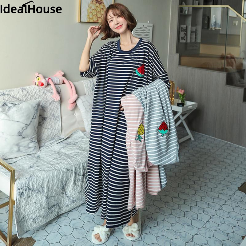 IDealHouse StoreWomen Loose Striped Nightdress Short-sleeved H Type Round Neck Pullover Pajamas Nightgown Shirt Casual Sleepdress Homewear