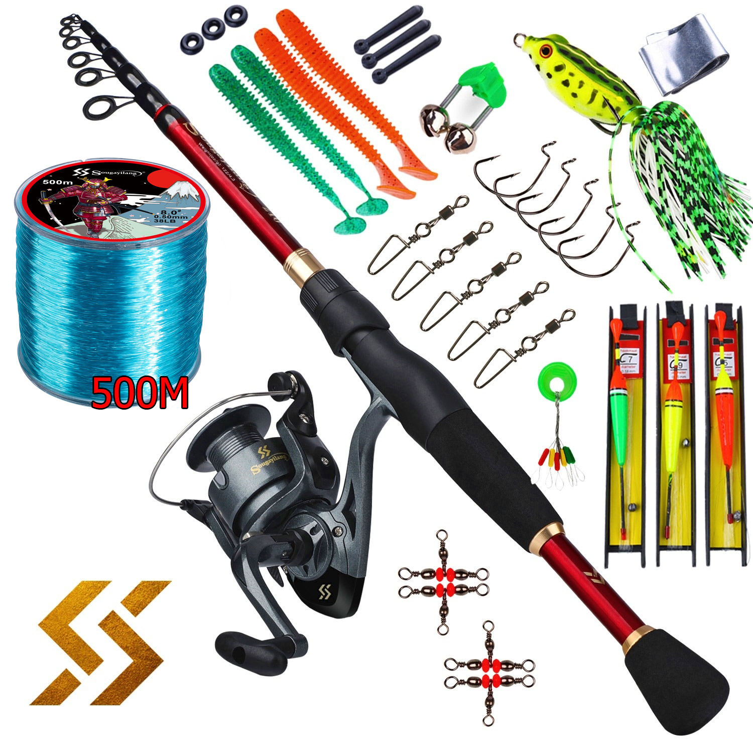 Sougayilang Fishing Full Kit 1.8m-2.4m Portable Telescopic Carbonfiber Fishing Rod and 6BB Spinning Reel Travel Kit Fishing Set
