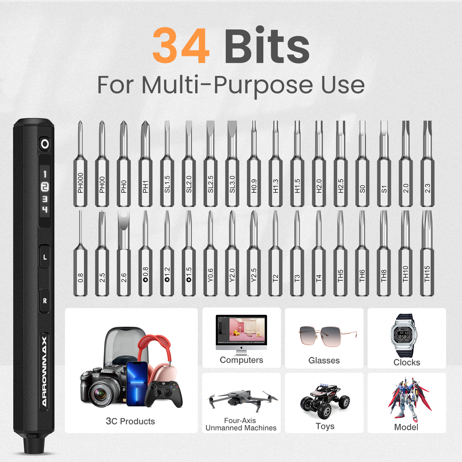 ARROWMAX Precision Electric Screwdriver Set with 34 Magnetic Bits 4 Gears Torque Rechargeable Cordless Screwdriver (SES).