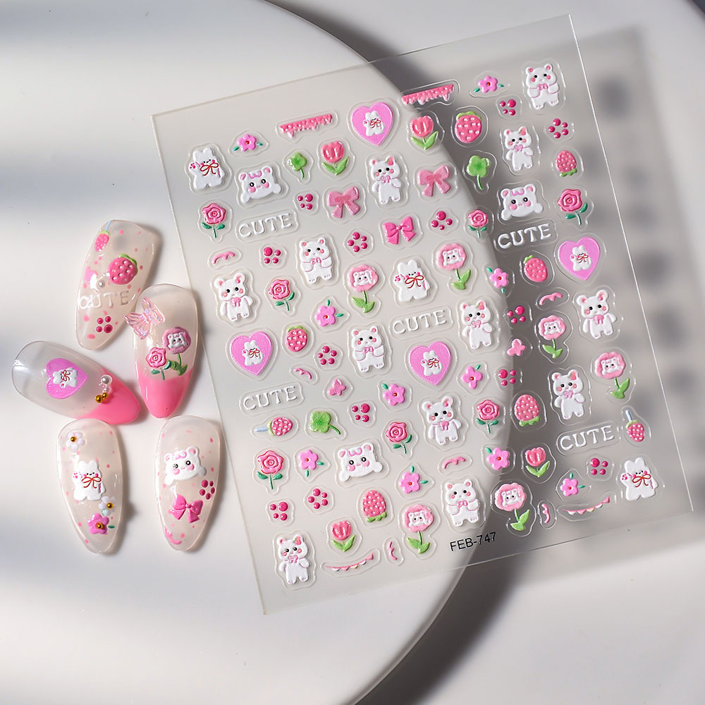 Sticker nail 5d lụa nổi | mèo & tulip hồng | hình dán móng tay feb-747