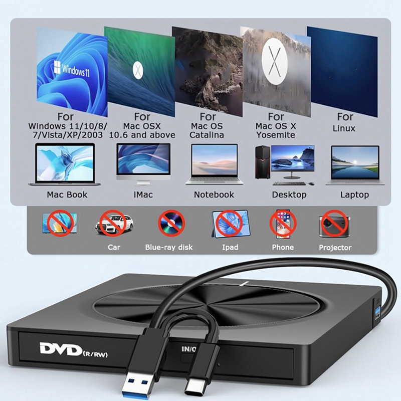 Burner Portable External USB3.0/Type-C Dvd-Rw Disc Optical Drive Dvd-Rom Burner Multifunction Dvd Drive