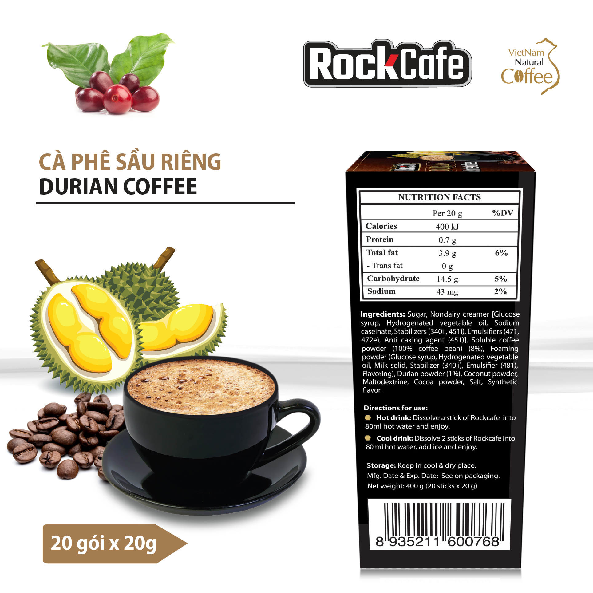RockCafe - Cà phê hòa tan 3 trong 1 - Vị sầu riêng độc đáo - Thơm ngon - Tinh khiết - Hộp 20 gói x 20 gr
