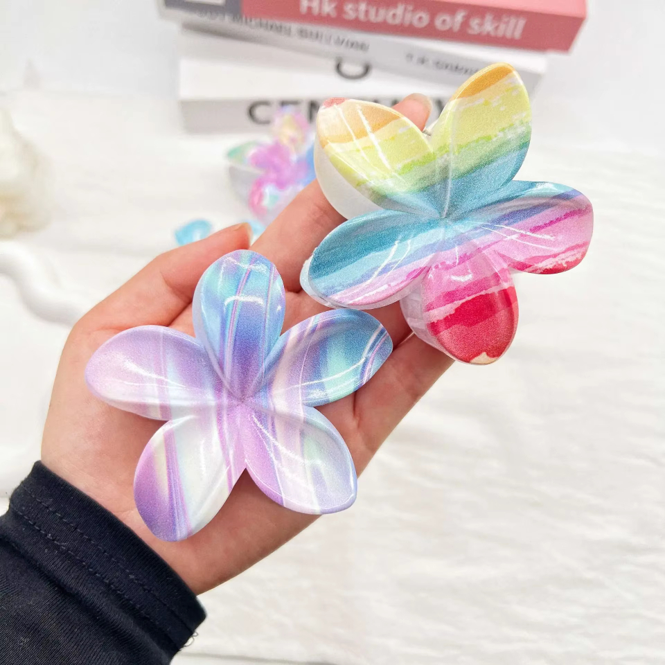 New Candy Colourful Gradient Striped Plumeria Hair Grab Dopamine Sweet Girl Back Of Head Shark Clip Hairpin Korean Fashion Gradual Change Smudged Coloured Flower Grab Girl Hair Clip Creative Marble Acrylic Headwear Girl Large Eggs Flower Headdress.