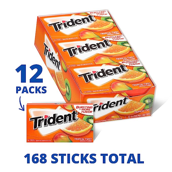 Trident Tropical fruit Flavor Gum, 12 Packs of 14 Pieces (168 Total Pieces). 