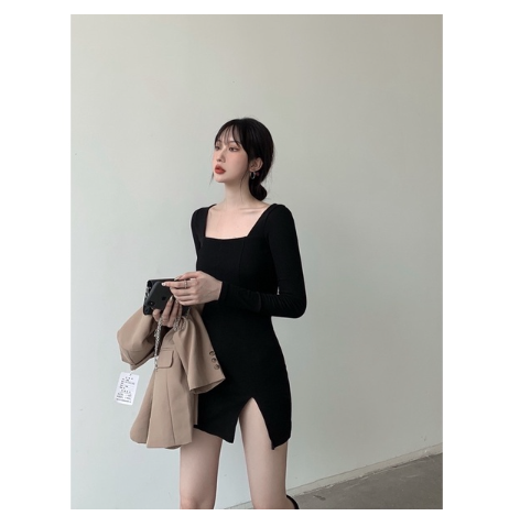 Đầm Body Thun Xẻ Đùi Tay Dài Quyến Rũ Cho Nữ Phong Cách Basic