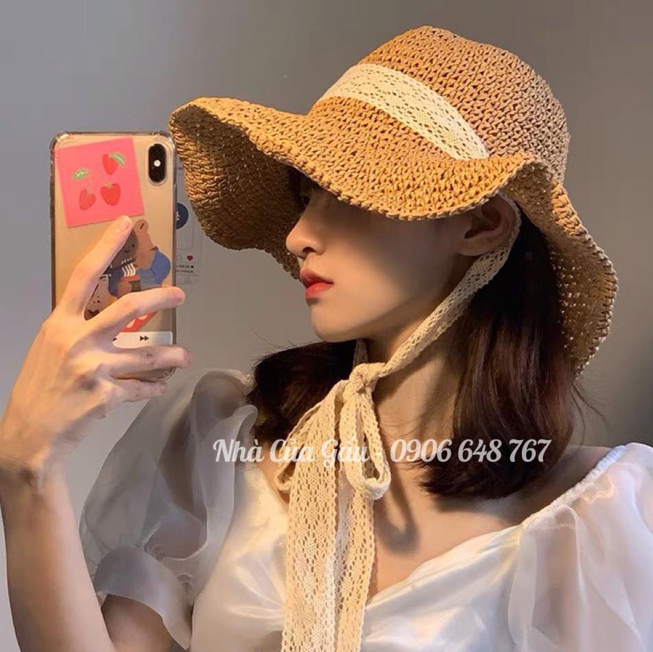 Nón cói ren cột nơ đi chơi siêu xinh