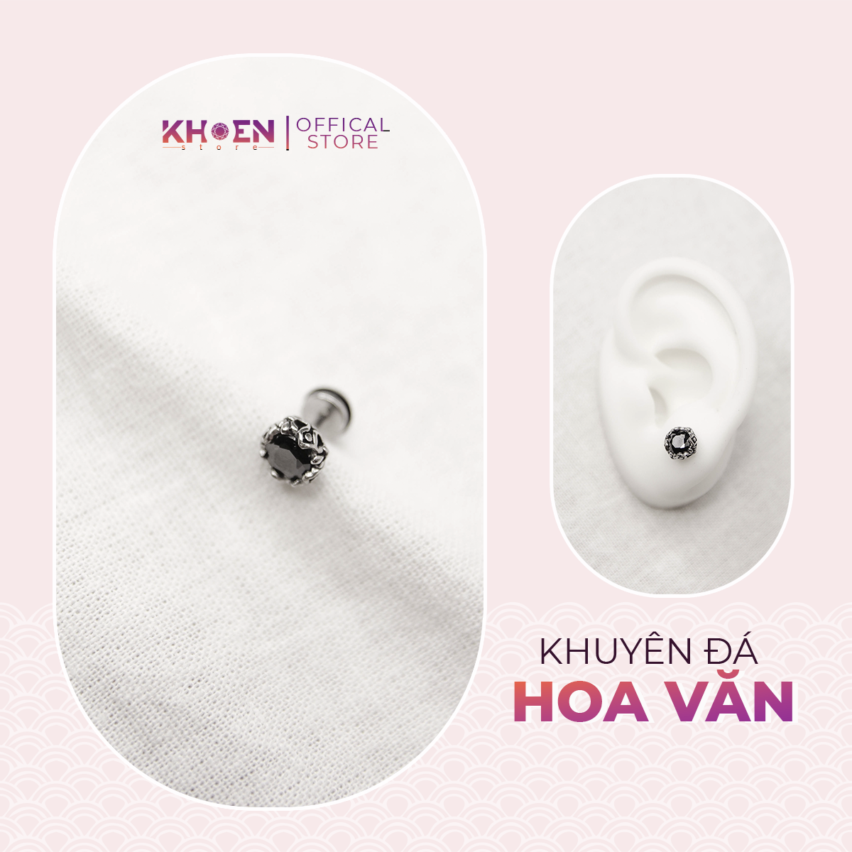 (1 Chiếc) Khuyên tai đá viền hoa văn - Khoen Store