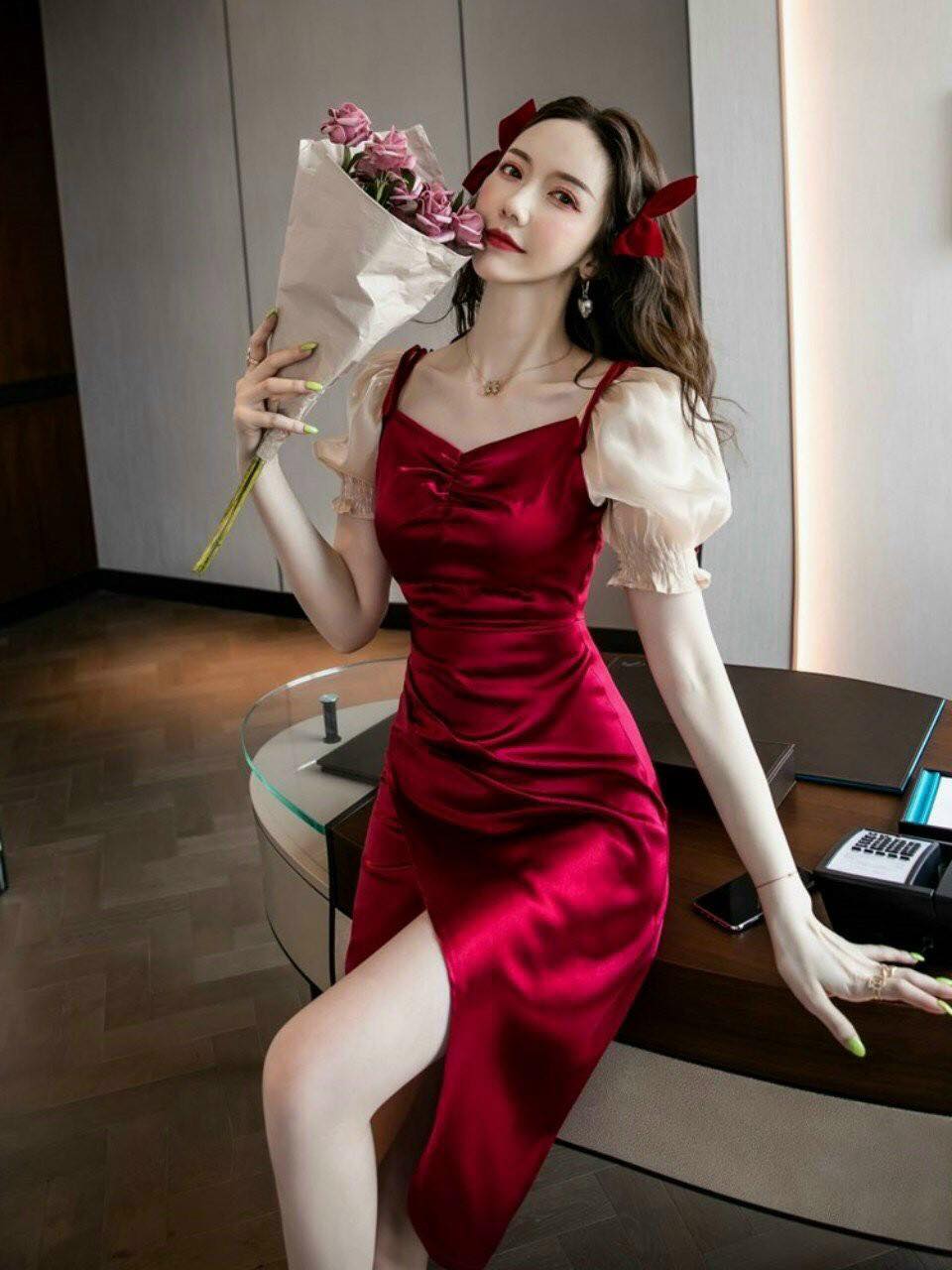 Đầm xẻ tà tay phồng phối voan kiếng thanh lịch quyến rũ fashionzero