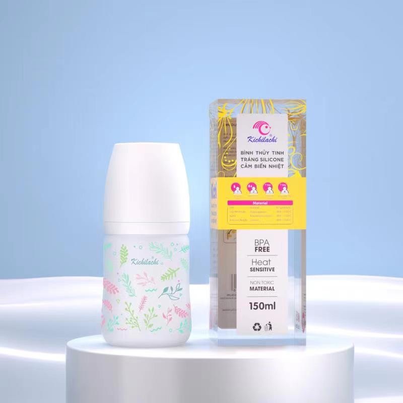 Bình Sữa cổ rộng Cho Bé Kichilachi,chất Liệu Thủy Tinh Tráng Silicon Siêu Nhẹ 150ml/240ml