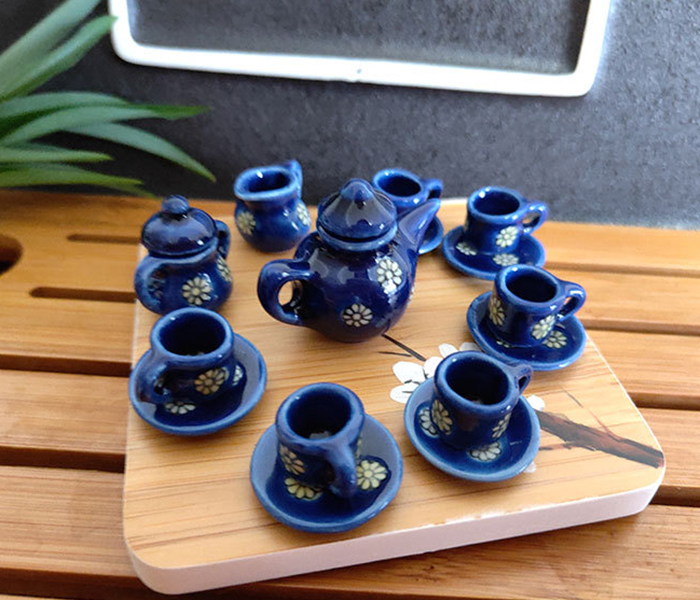 Wanglianzhon 9Pcs Dollhouse Miniature Porcelain Blue Printing Tea Cup Set Tableware Kitchen