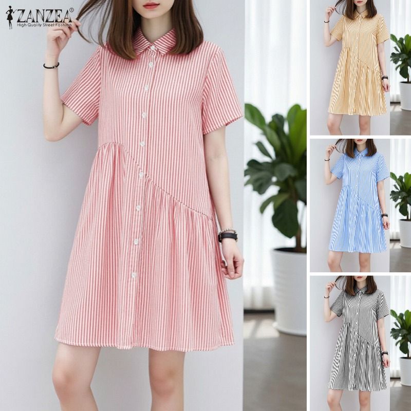 ZANZEA%20Korean%20Style%20Women%20Summer%20Lapel%20Solid%20Color%20Dresses%20Pleated%20Stripe%20Short%20Sleeve%20Knee%20Length%20Dress%20#0126%20-%20Image%205