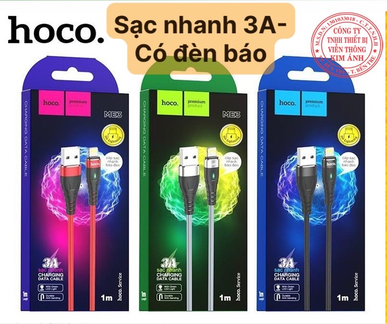 Ip- dây sạc nhanh hoco me3 chuôi lightning- cáp sạc nhanh 3a dây dù chống rối