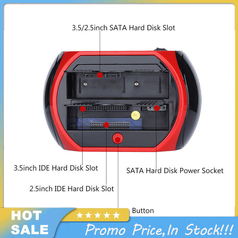 Dual Slots SATA Hard Drive Docking Station Card Reader for 2.5" 3.5" HDD