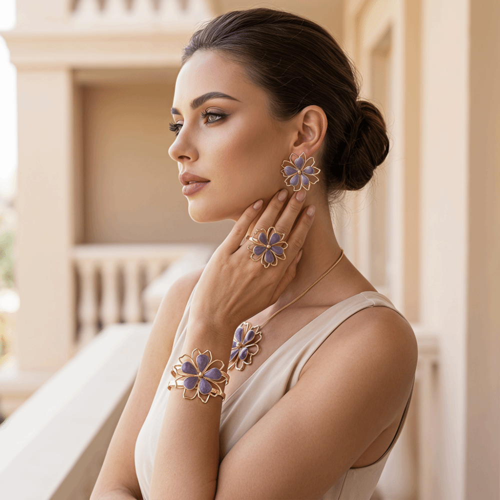 5%20pcs/set%20Vintage%20Look%20Alloy%20Flower%20Jewelry%20Set%20Drip%20Oil%20Finish%20Earrings%20Necklace%20Bracelet%20Ring%20Lightweight%20Adjustable%20Statement%20Costume%20Jewelry%20Women%20-%20Image%206