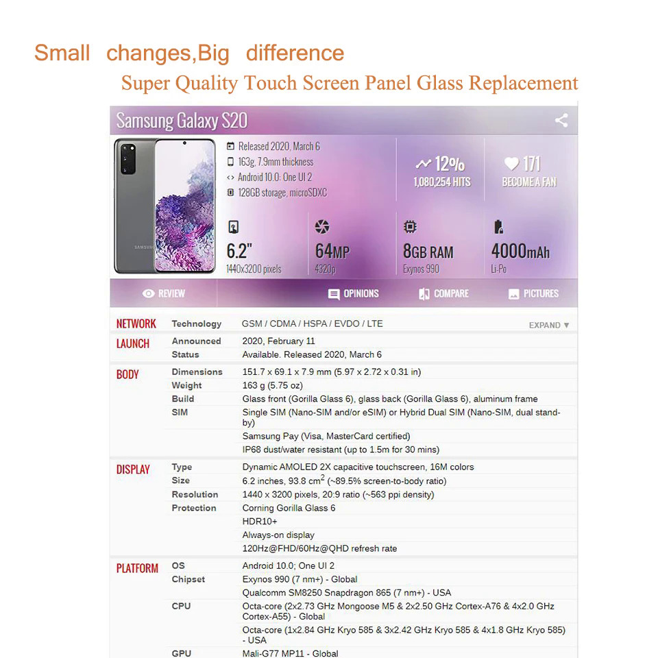 For Samsung Galaxy S20 Plus Ultra touch screen panel front outer LCD glass  with OCA glue replacement