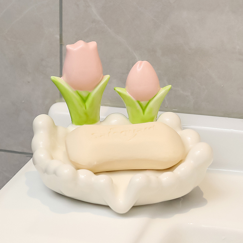 Household soap dish holder Special drain soap box for bathroom sink tulip ceramic soap dish holder