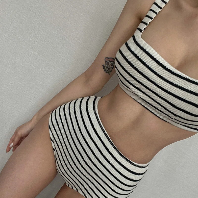 (M704-LiLyBikini) SET BIKINI HAI MẢNH KẺ NGANG CÓ MÚT KÍN ĐÁO
