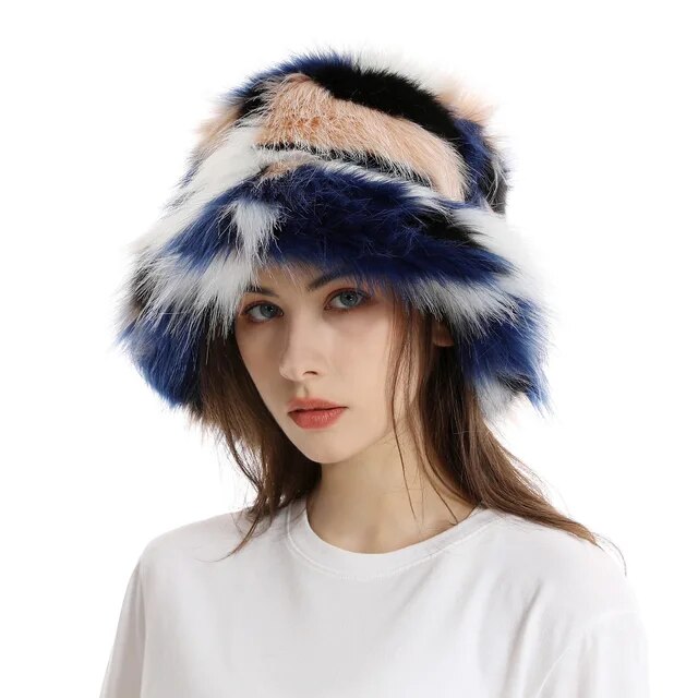 Autumn Winter Women Keep Warm Rainbow Faux Fox Fur Basin Cap Female Fashion Casual Party Bucket hat Music Festival Thickened Hat
