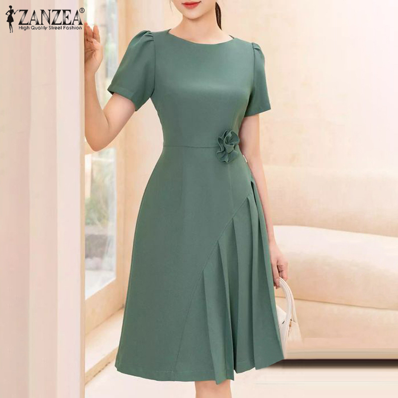 ZANZEA%20Korean%20Style%20Women's%20Dresses%20New%20Fashion%20Puff%20Short%20Sleeve%20Solid%20Back%20Zipper%20Elastic%20Waist%20A-Line%20Dress%20-%20Image%202