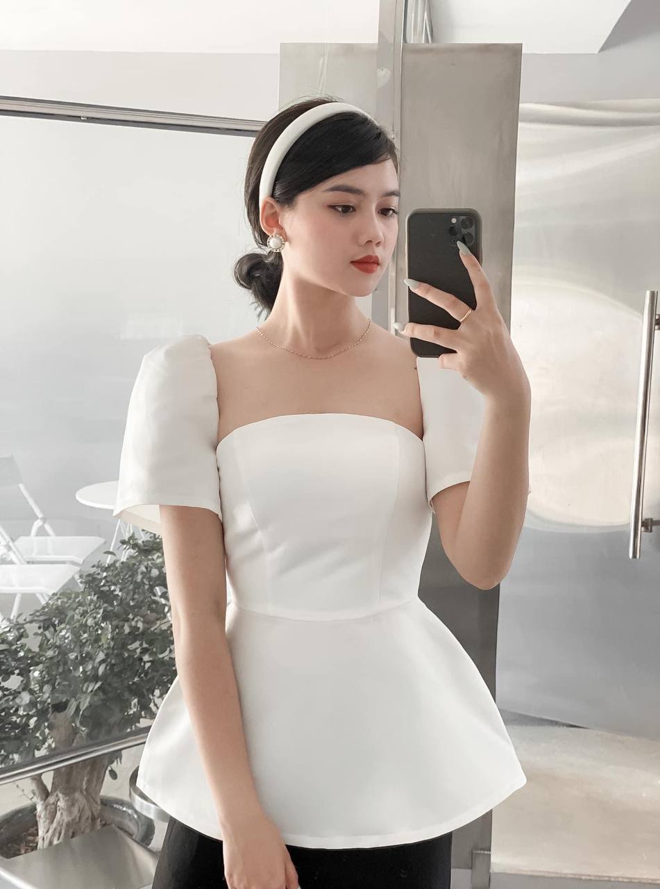 Áo Tay Phồng Chiết Eo Dáng Peplum HONY
