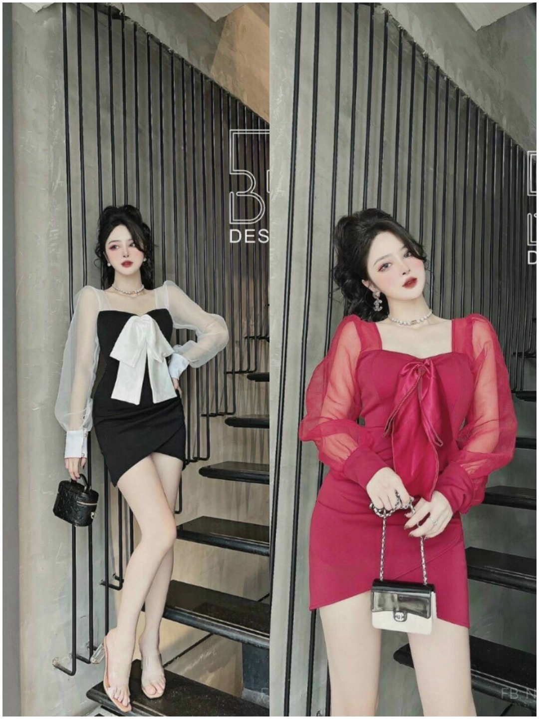 [ hàng mới] Đầm nơ Ngực Tay phối lới siêu xinh