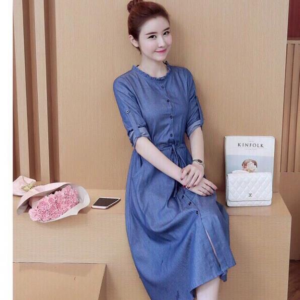 [HCM]ĐẦM JEAN CUT OUT CỔ BÈO DÂY RÚT EO
