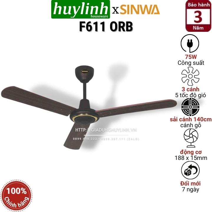 [HCM]Quạt trần cánh gỗ Sinwa F611 ORB - 3 cánh