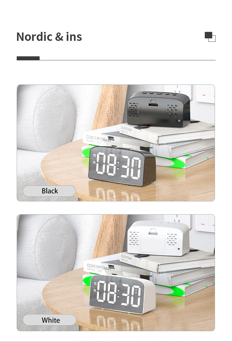 Nordic ins mirrored LED alarm clock voice activated creative clock student dormitory bedside clock battery plugged in