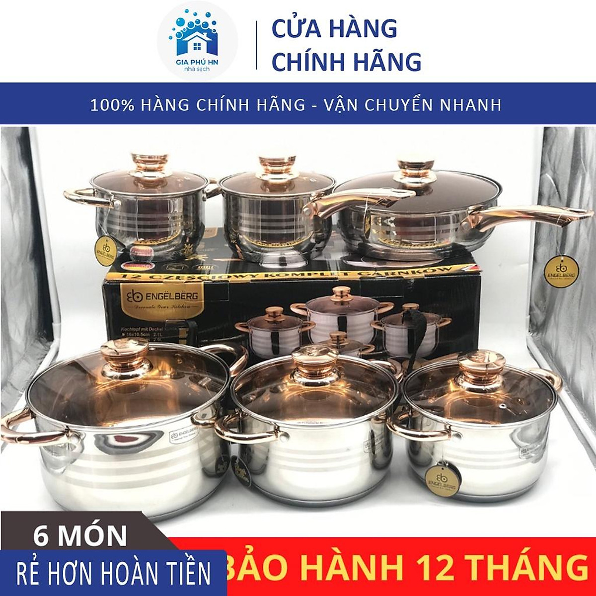 Bộ nồi đức engelberg bộ nồi đức 6 món 12 chi tiết, đáy inox 5 lớp, nắp vung kính