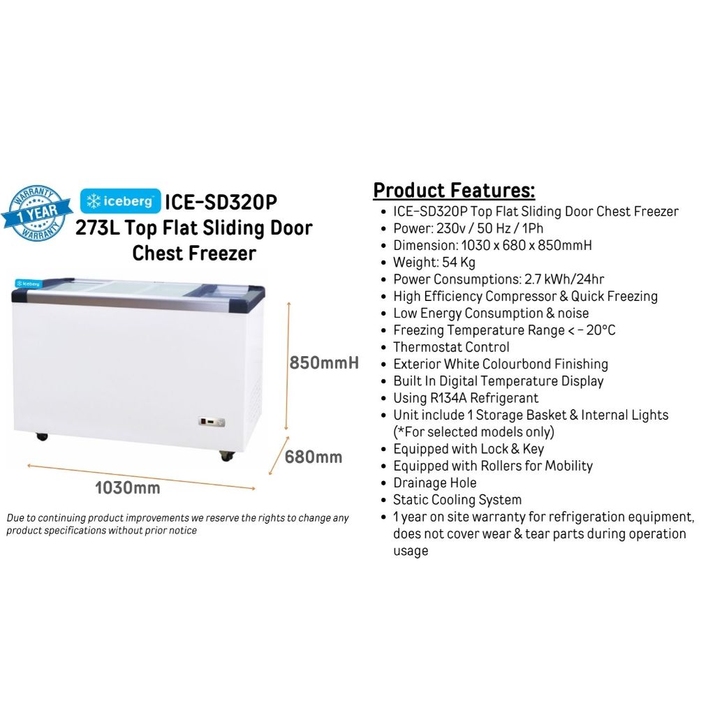 Iceberg Top Flat Sliding Door Chest Freezer (Delivery in 2 Working