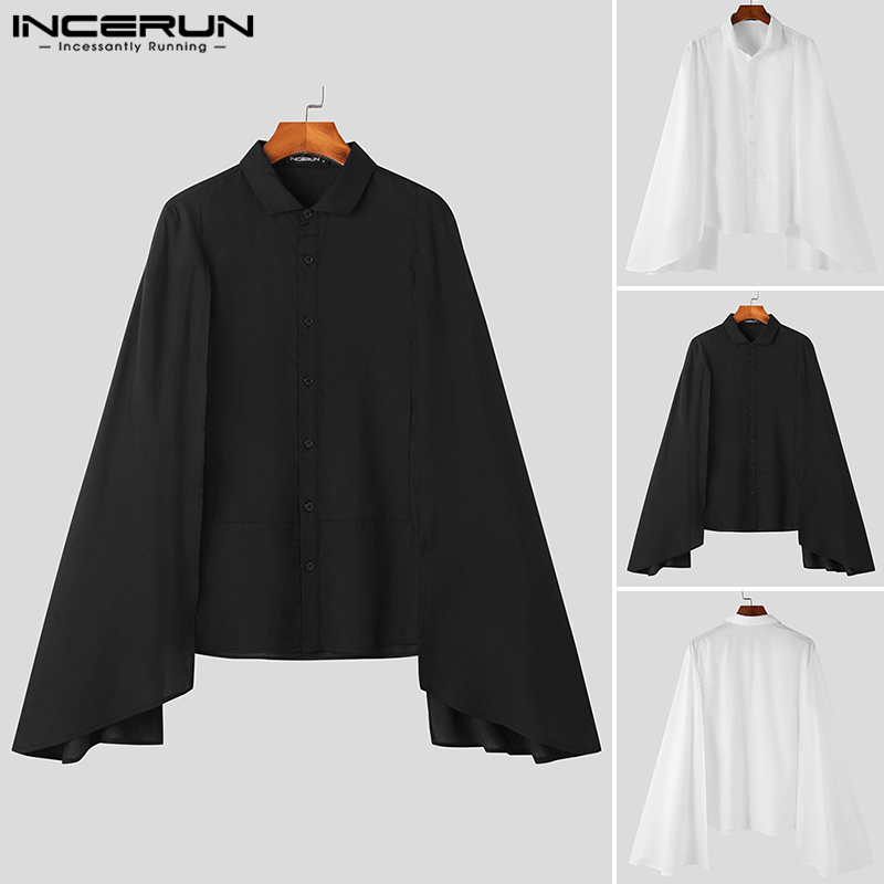 INCERUN Mens Elegance Patchwork Cloak Plain Shirts Formal Party Lapel Tops (Western Style)