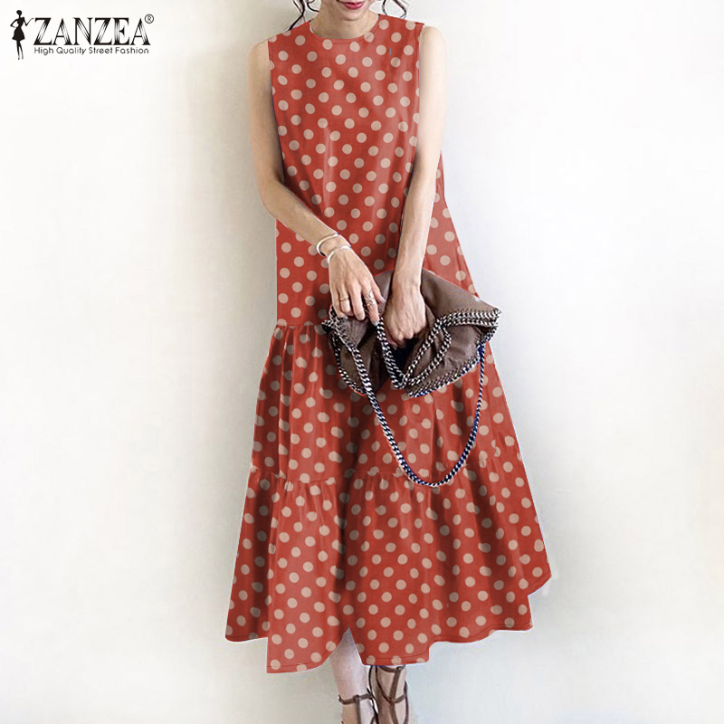 ZANZEA%20Korean%20Style%20Women%20Ladylike%20Polka%20Dot%20Midi%20Sundress%20Round%20Neck%20Loose%20A-Line%20Dresses%20-%20Image%202