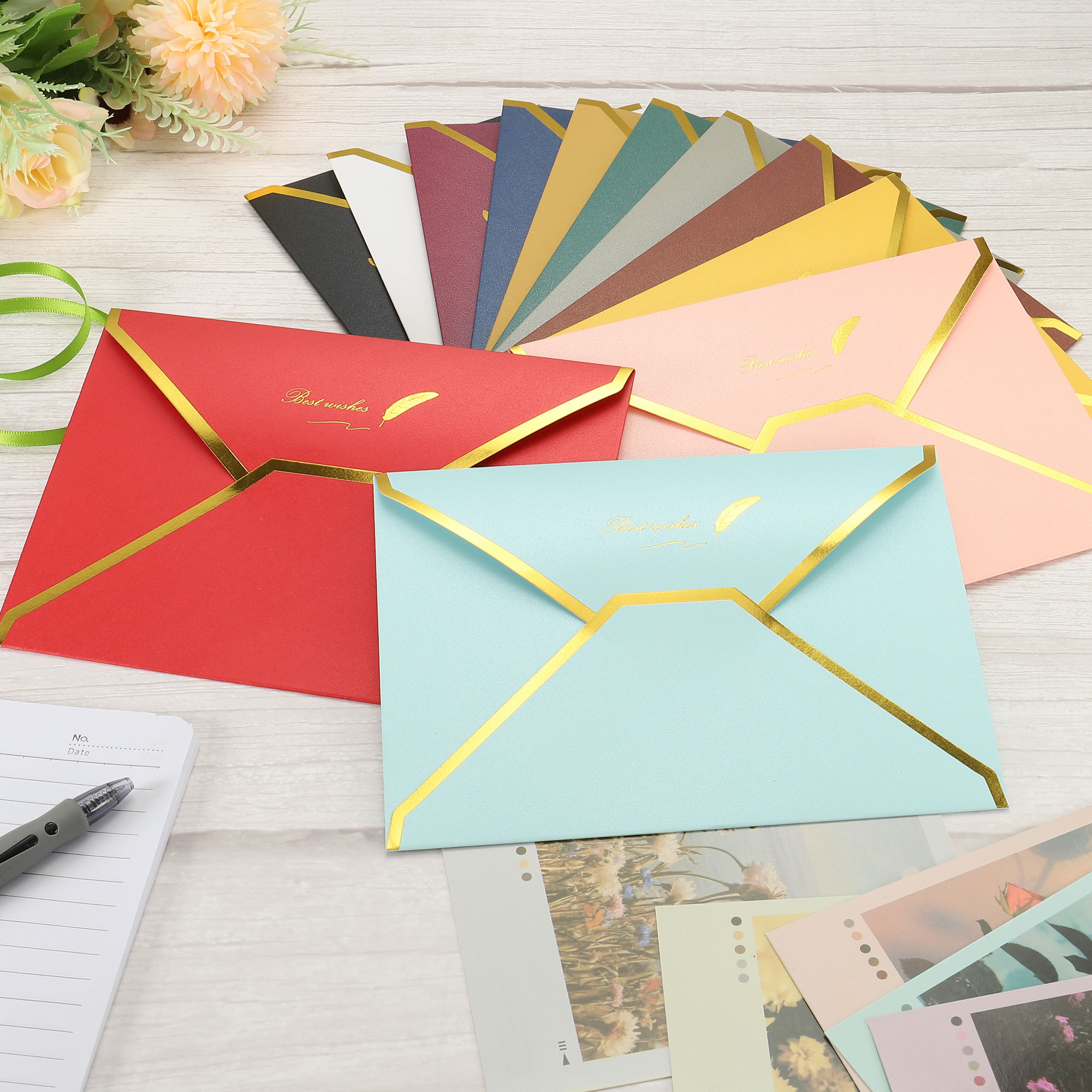 【Hottest Trends】10Pcs 7 x 5'' Gold Border V Flap Greeting Card Envelopes Luxury Style Birthday Wedding Invitation Fine Texture Business Envelope. 