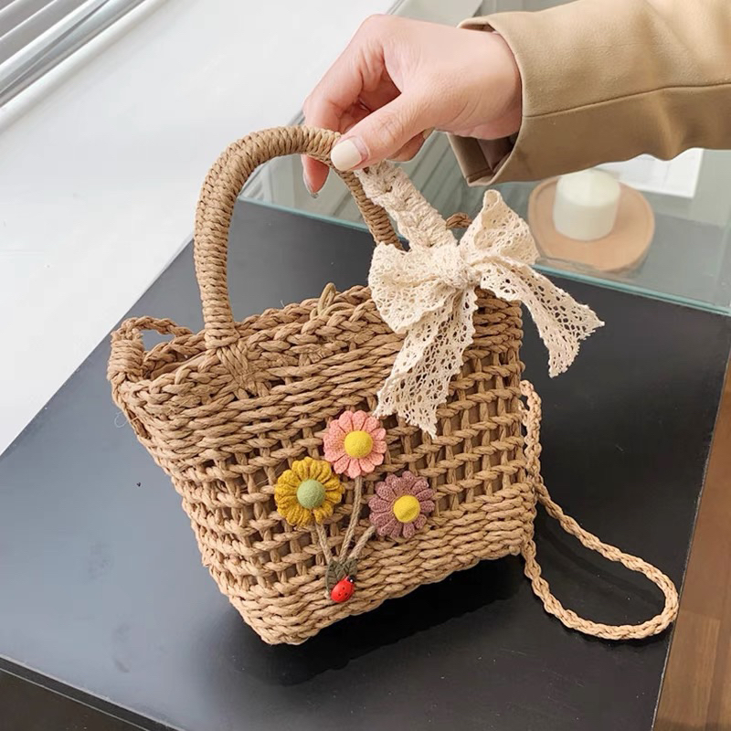 Túi cói giỏ cói mini rào thưa size 19 phối nơ siêu dễ thương-Tiệm Cói Cô Lê