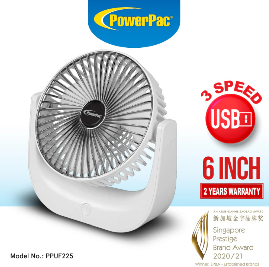PowerPac USB, Desk , Portable, Rechargeable Fan with 3 Speed Setting (PPUF225) Lazada Singapore