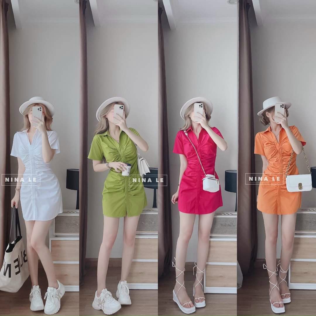 Đầm dạo phố tay ngắn cổ sơ mi phối nhún năng động