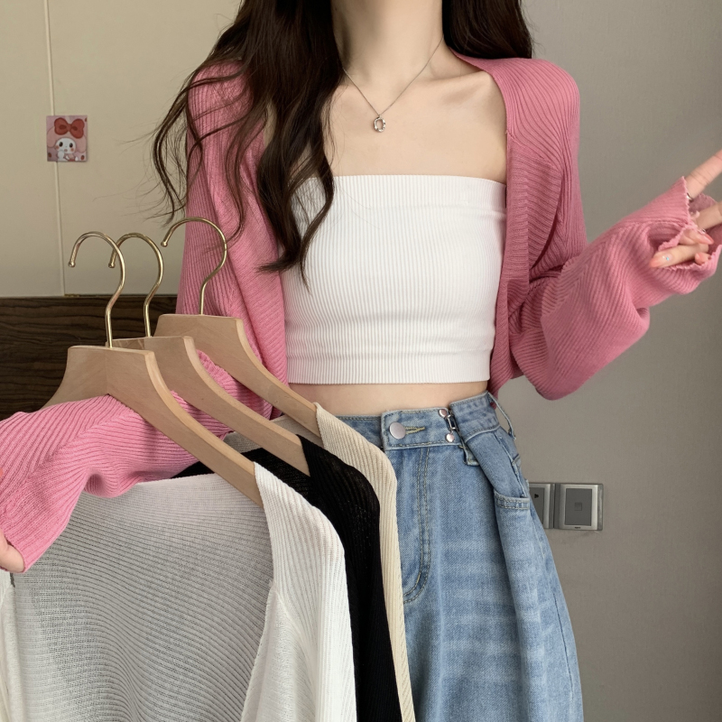 Summer Fashion Short Knitted Sunscreen Cardigan Women Solid Color Long Sleeve Thin Smock.