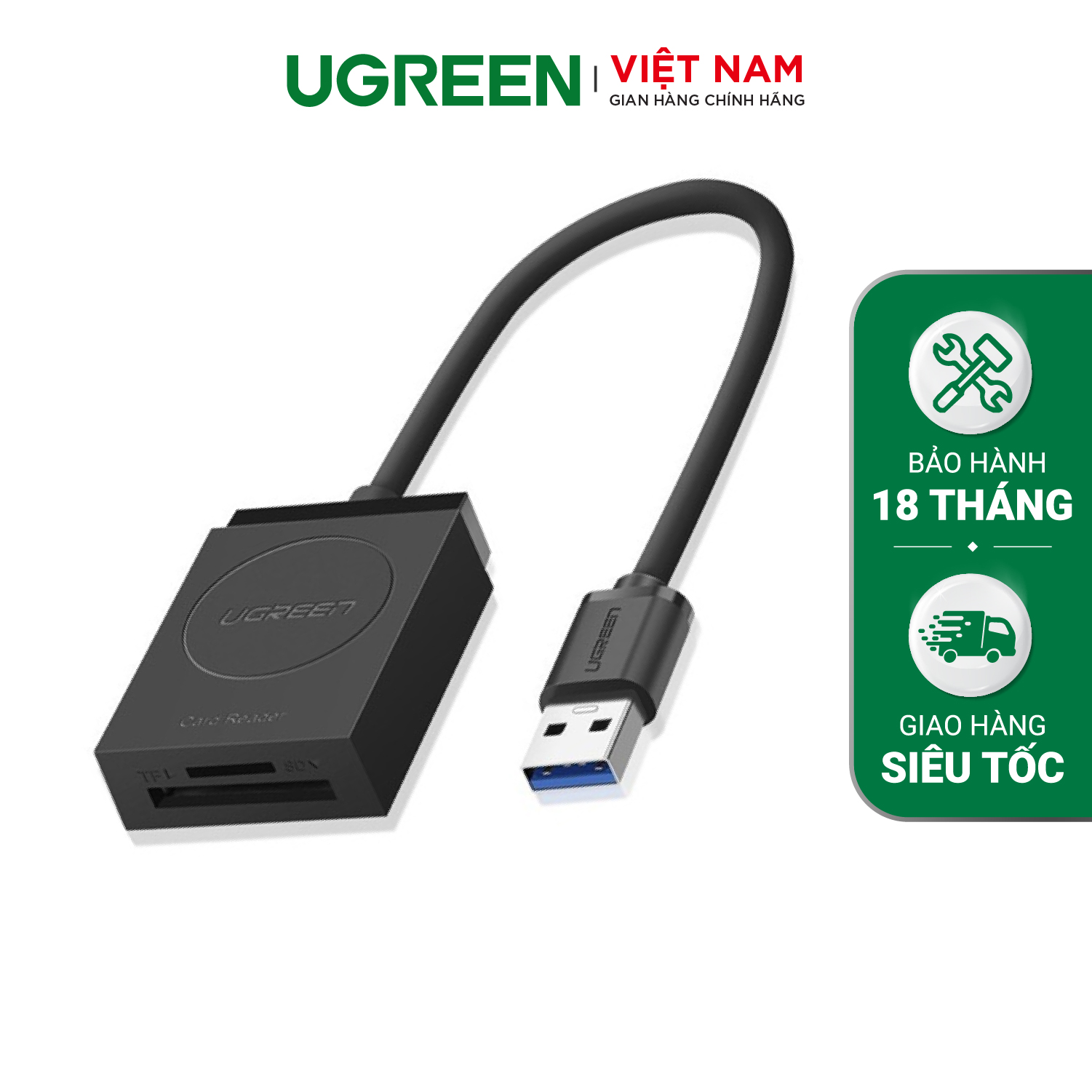 Đầu đọc thẻ USB 3.0 Card Reader Hỗ trợ thẻ TF và SD dài 15CM UGREEN CR127 20250 – Hàng phân phối chính hãng – Bảo hành 18 tháng
