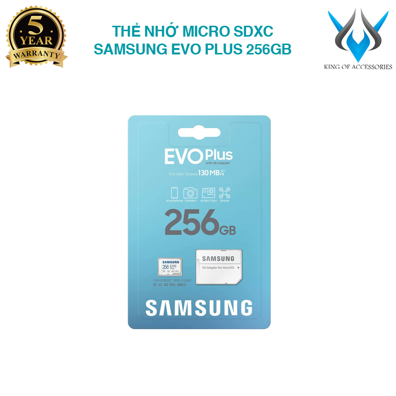 Thẻ nhớ MicroSDXC Samsung Evo Plus 256GB U3 4K R130MB/s W90MB/s kèm Adapter box Anh new 2022 (trắng) Phụ kiện 1986
