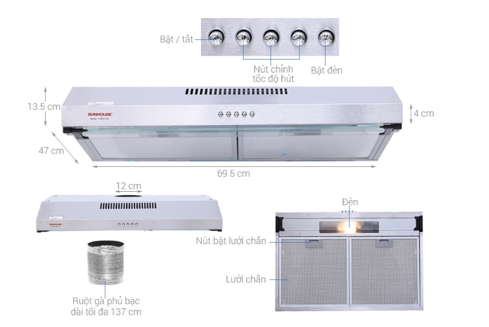 Máy hút mùi kính thẳng Sunhouse SHB 6118I (Inox)