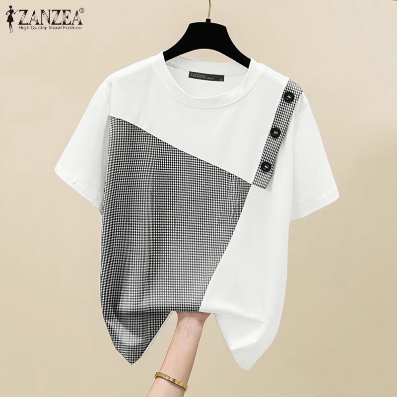 ZANZEA%20Women%20Summer%20Fake%20Two%20Pieces%20Plaid%20Patchwork%20Blouses%20Short%20Sleeve%20Crew%20Neck%20Daily%20Top%20#0804%20-%20Image%202