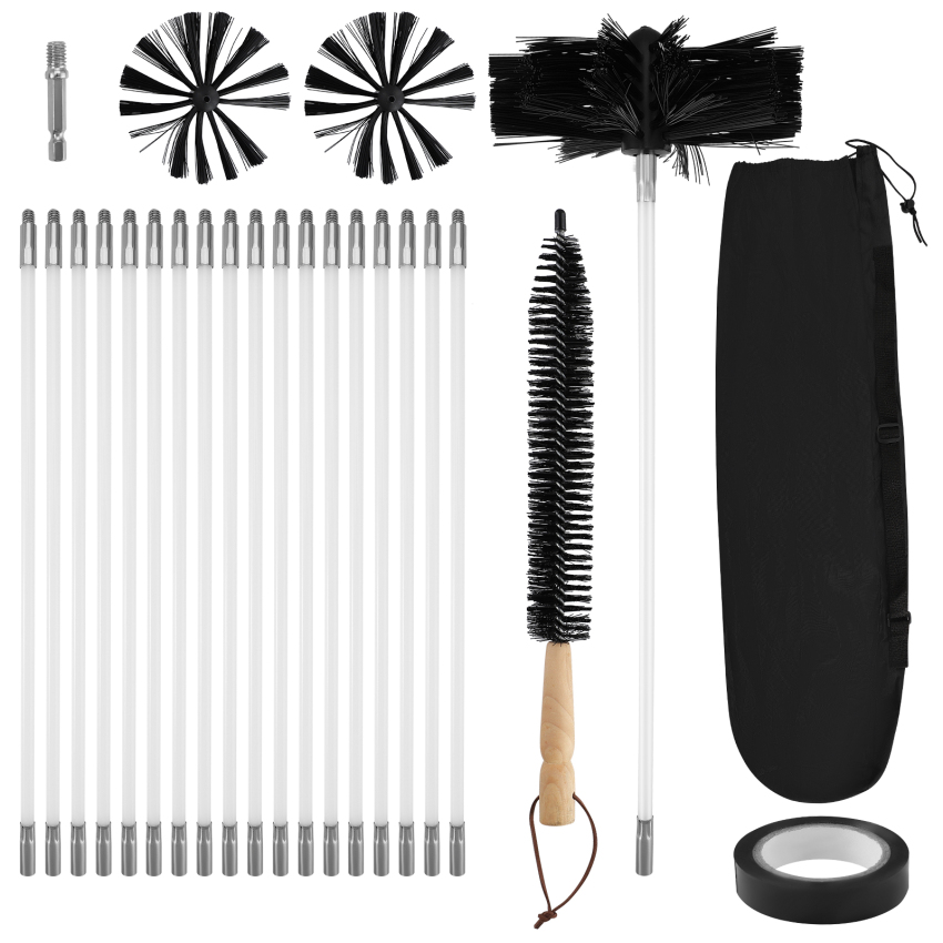24Pcs Chimney Cleaning Brush Kit with 18 Flexible Nylon Rods+ 6" Brush Head + Wood Long Brush+ Storage Bag, Duct Vent Cleaning Set, Sweep Brush Tool for Flue/Fireplace/Sewage Pipe/Fume Hood