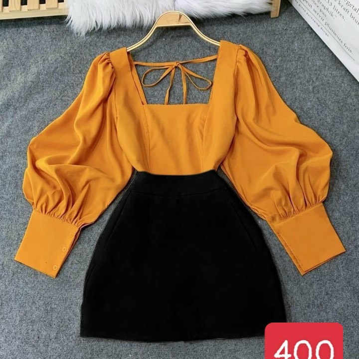 Sét áo tuyết mưa croptop cổ vuông tay dài búp phối dây kéo, dây buộc sau lưng + chân váy ford siêu yêu