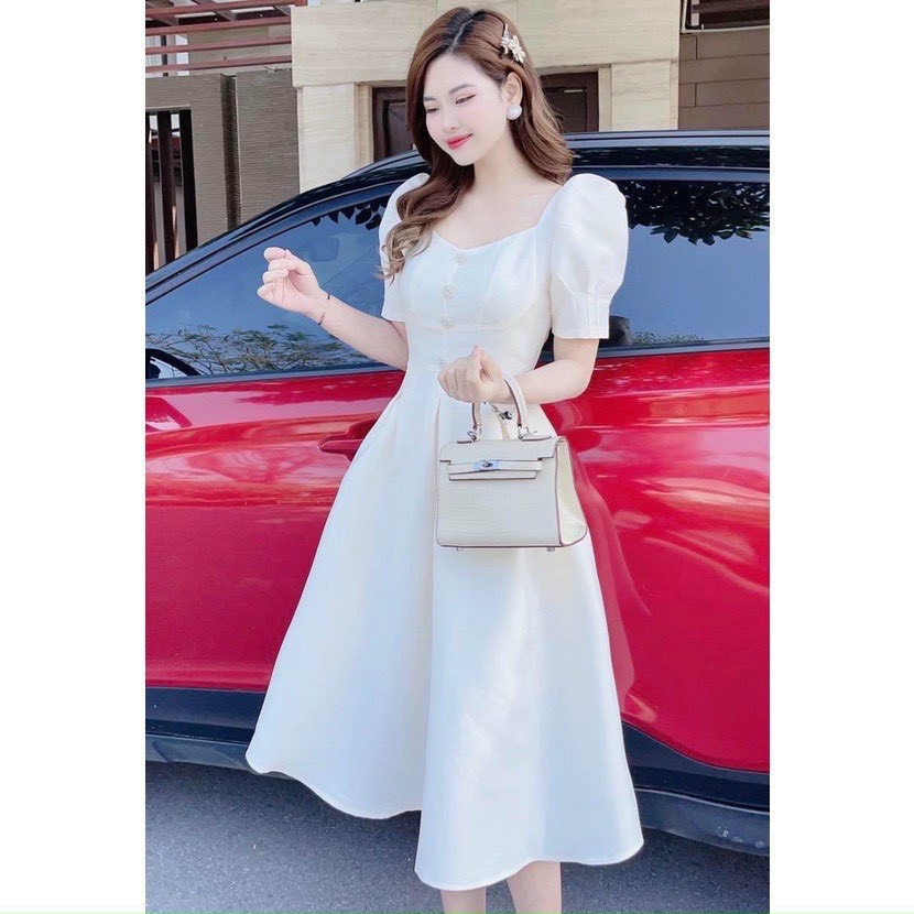 Đầm trắng dự tiệc đính nút - Đầm nữ dáng xoè thiết kế tay phồng bèo lai xếp ly - Siêu phẩm đầm tiểu thư nữ màu trắng dáng xoè ôm eo